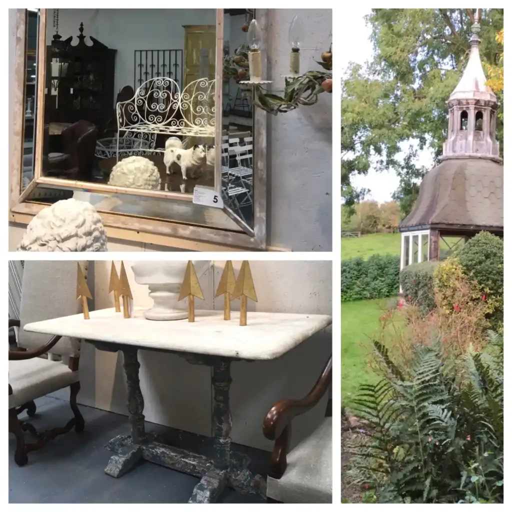 A collection of finds and sights while antique shopping in England. Including a marble topped table and a large mirror