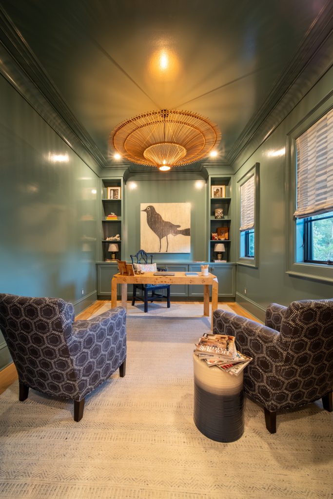 Color drenching gives the room a cozy saturation.