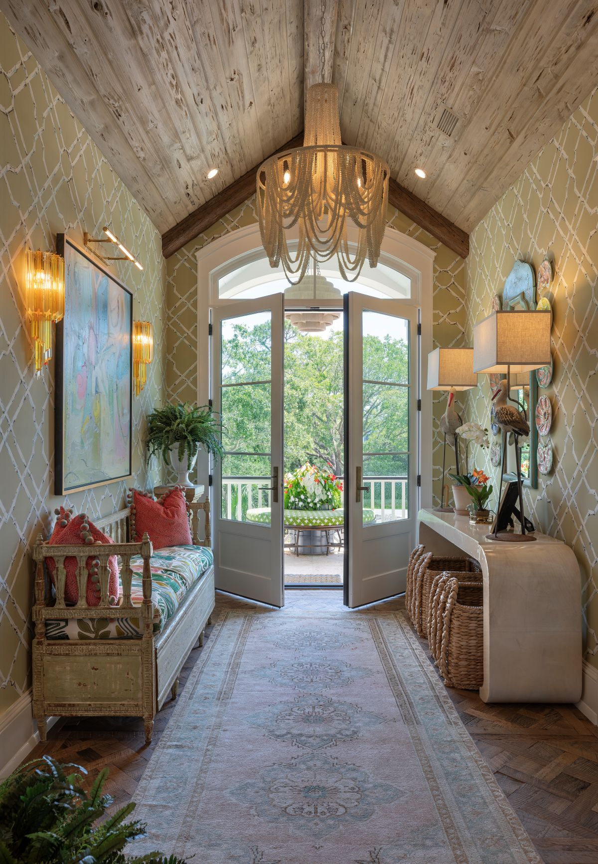 A foyer with bamboo lattice pattern styled with Palm Beach interior design in Georgetown, SC