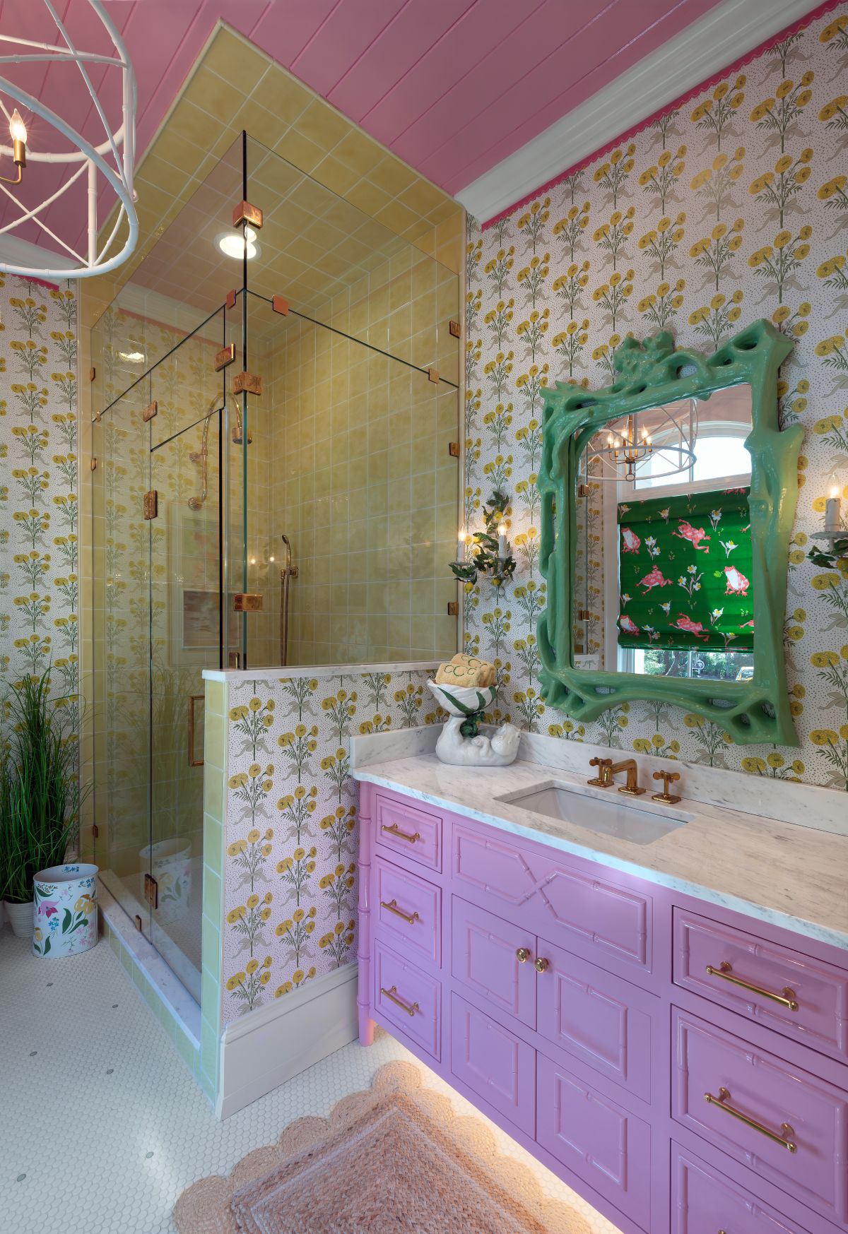 A purple, green, and pink bath styled with Palm Beach interior design in Georgetown, SC