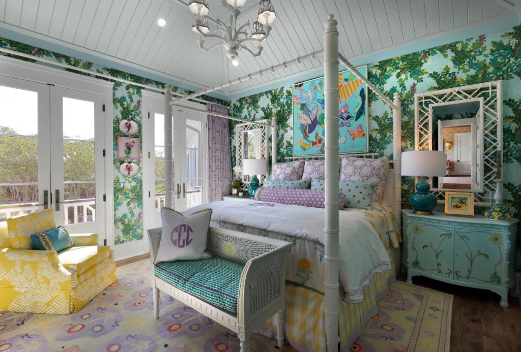 Bedroom with blue, green, and violet mixed print styled by Palm Beach interior design